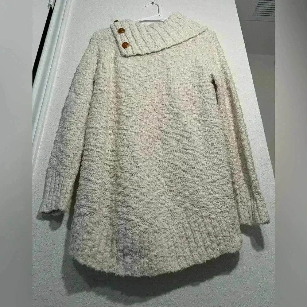 Anthropologie Moth Ivory Cream Cable Knit Button Cowl Neck Sweater Womens Size M - Picture 10 of 11